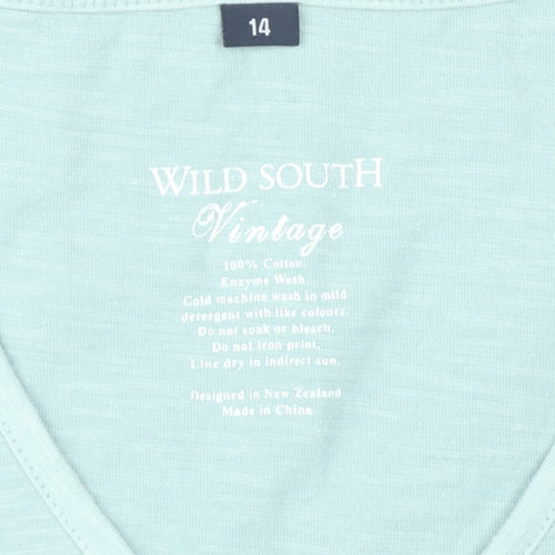 Wild South Women Green Size 14 V-Neck Cotton T-Shirt Casual