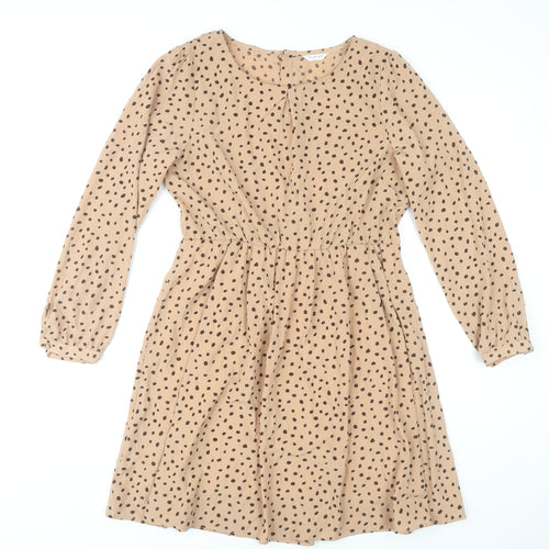 Glacier Women Beige Polka Dot A-Line Dress Size L Long Sleeve