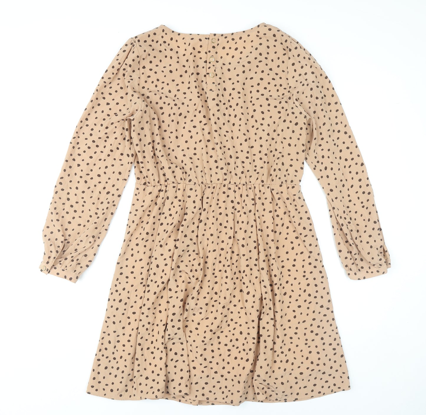 Glacier Women Beige Polka Dot A-Line Dress Size L Long Sleeve