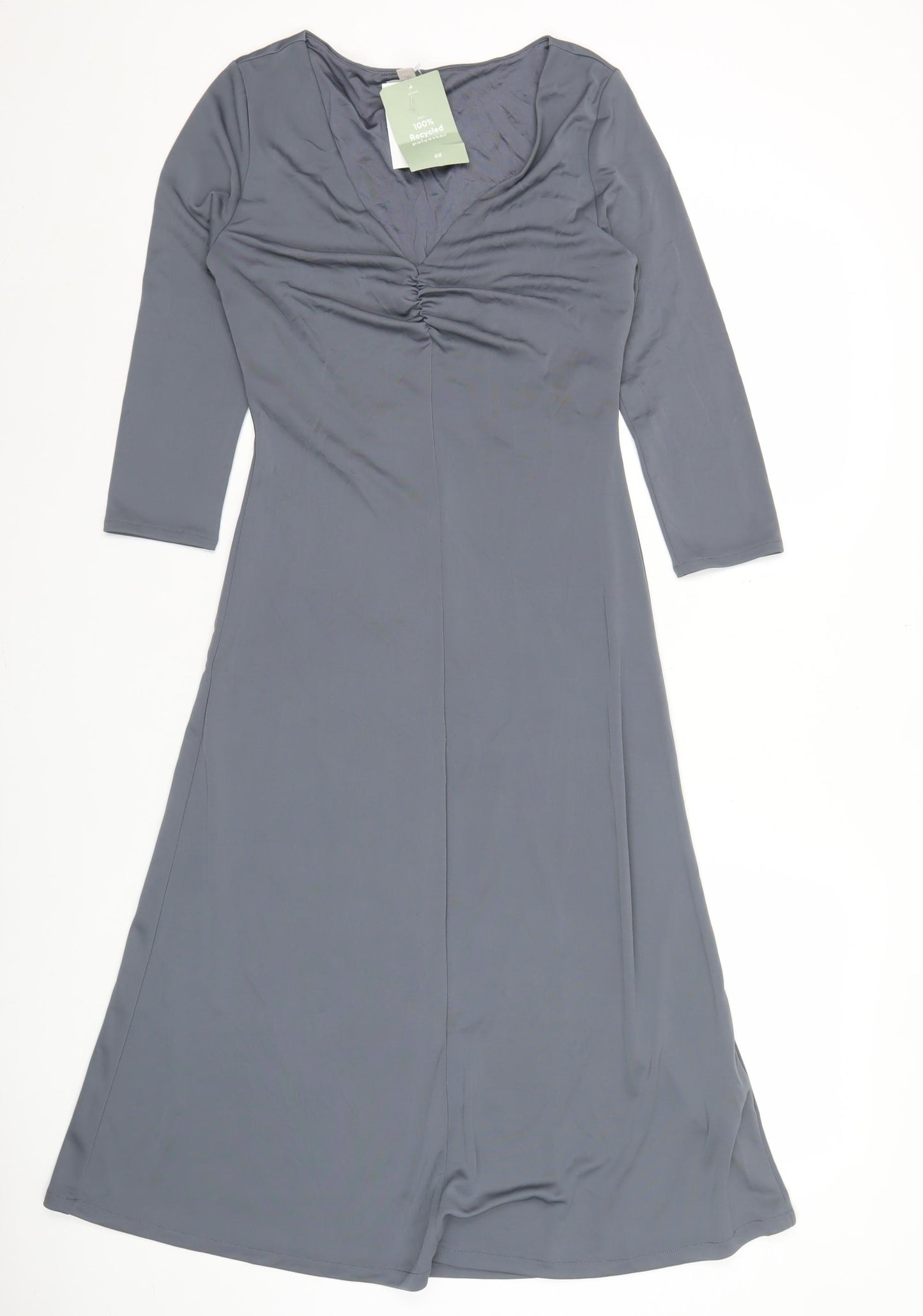 H&M Women’s Grey Midi A-Line Dress Size 8 V-Neck Long Sleeve