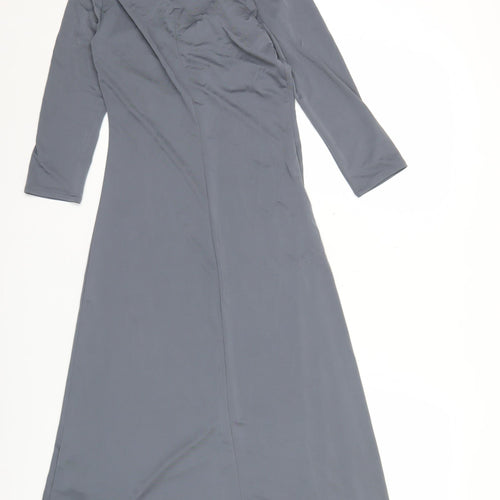 H&M Women’s Grey Midi A-Line Dress Size 8 V-Neck Long Sleeve