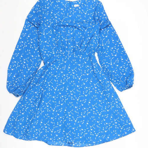 Gap Women's Blue Floral A-Line Mini Dress Size 4 Puff Sleeve Ruched
