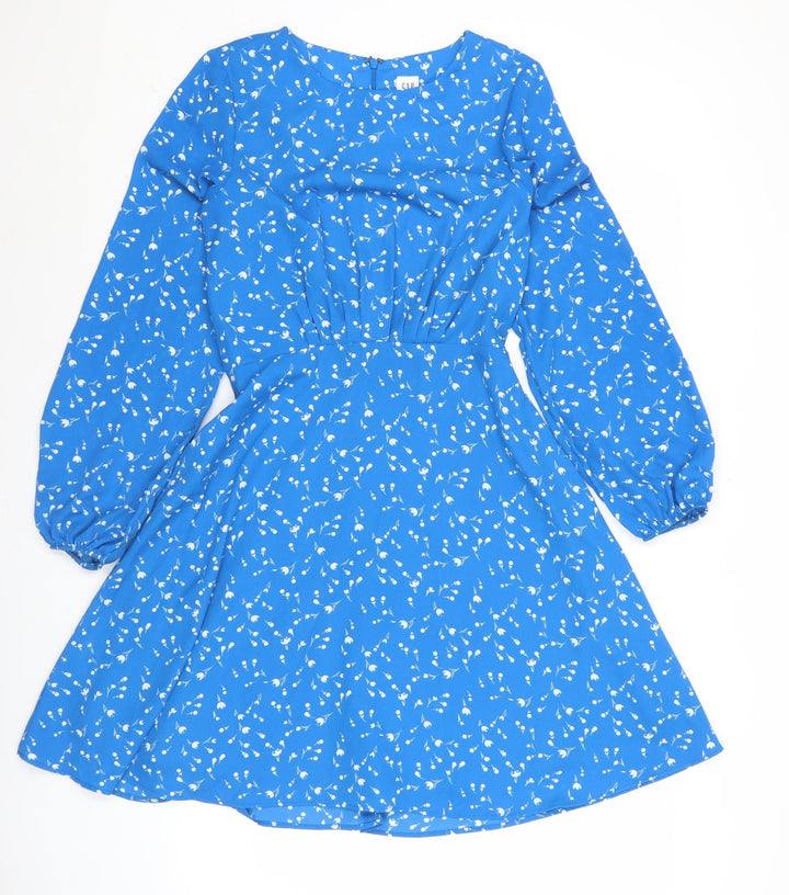 Gap Women's Blue Floral A-Line Mini Dress Size 4 Puff Sleeve Ruched