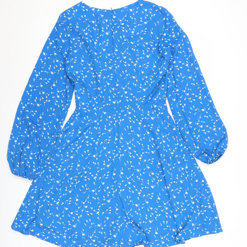 Gap Women's Blue Floral A-Line Mini Dress Size 4 Puff Sleeve Ruched