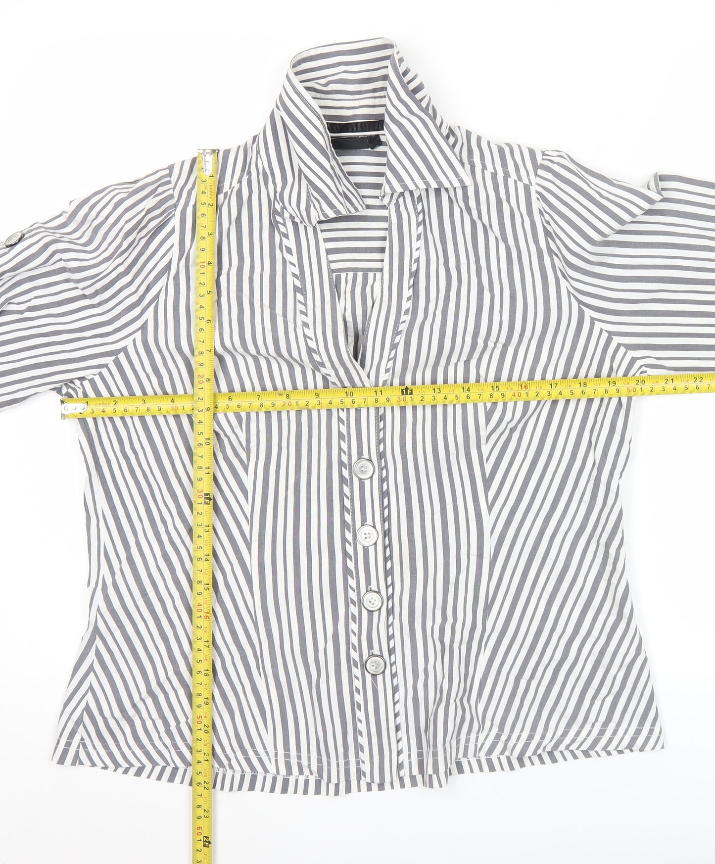 Next Petite Women’s Grey White Striped Button-Up Shirt Size 12