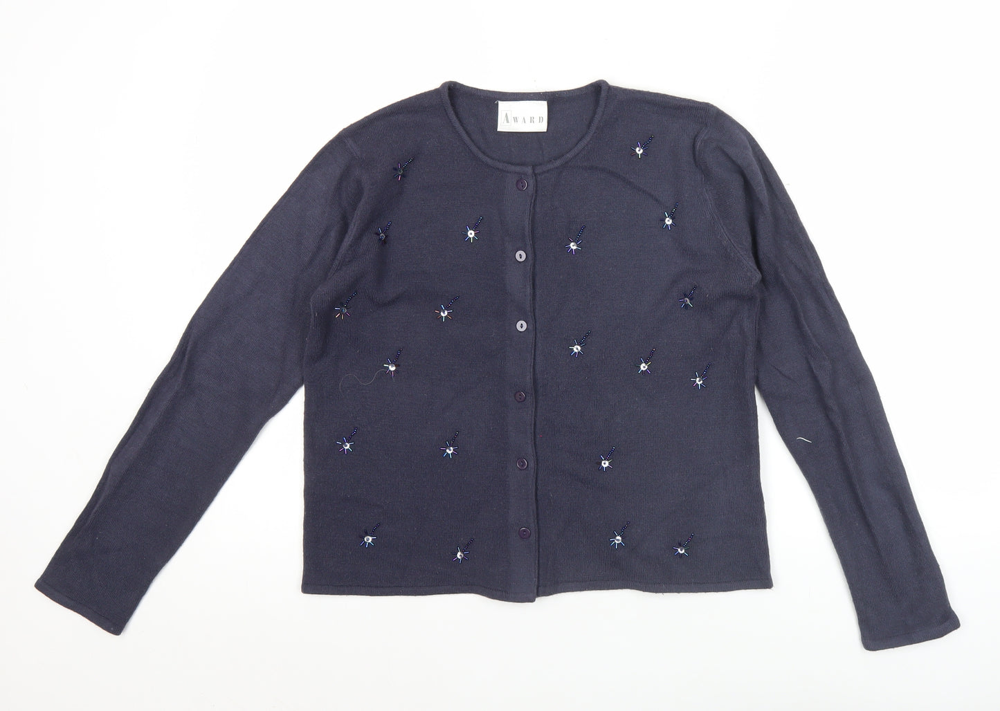 Award Womens Blue Beaded Cardigan M Long Sleeve Knitwear