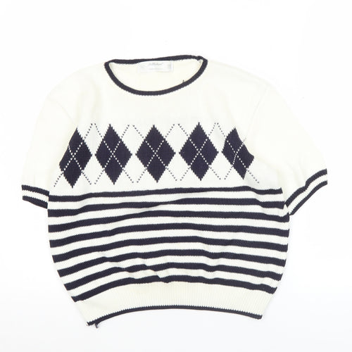 Marks and Spencer Women White Jumper Size 10 Argyle Striped Short Sleeve