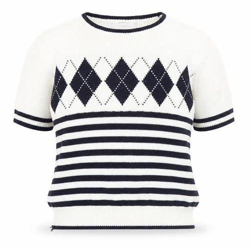 Marks and Spencer Women White Jumper Size 10 Argyle Striped Short Sleeve