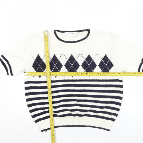 Marks and Spencer Women White Jumper Size 10 Argyle Striped Short Sleeve
