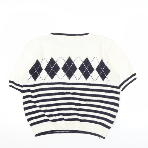 Marks and Spencer Women White Jumper Size 10 Argyle Striped Short Sleeve
