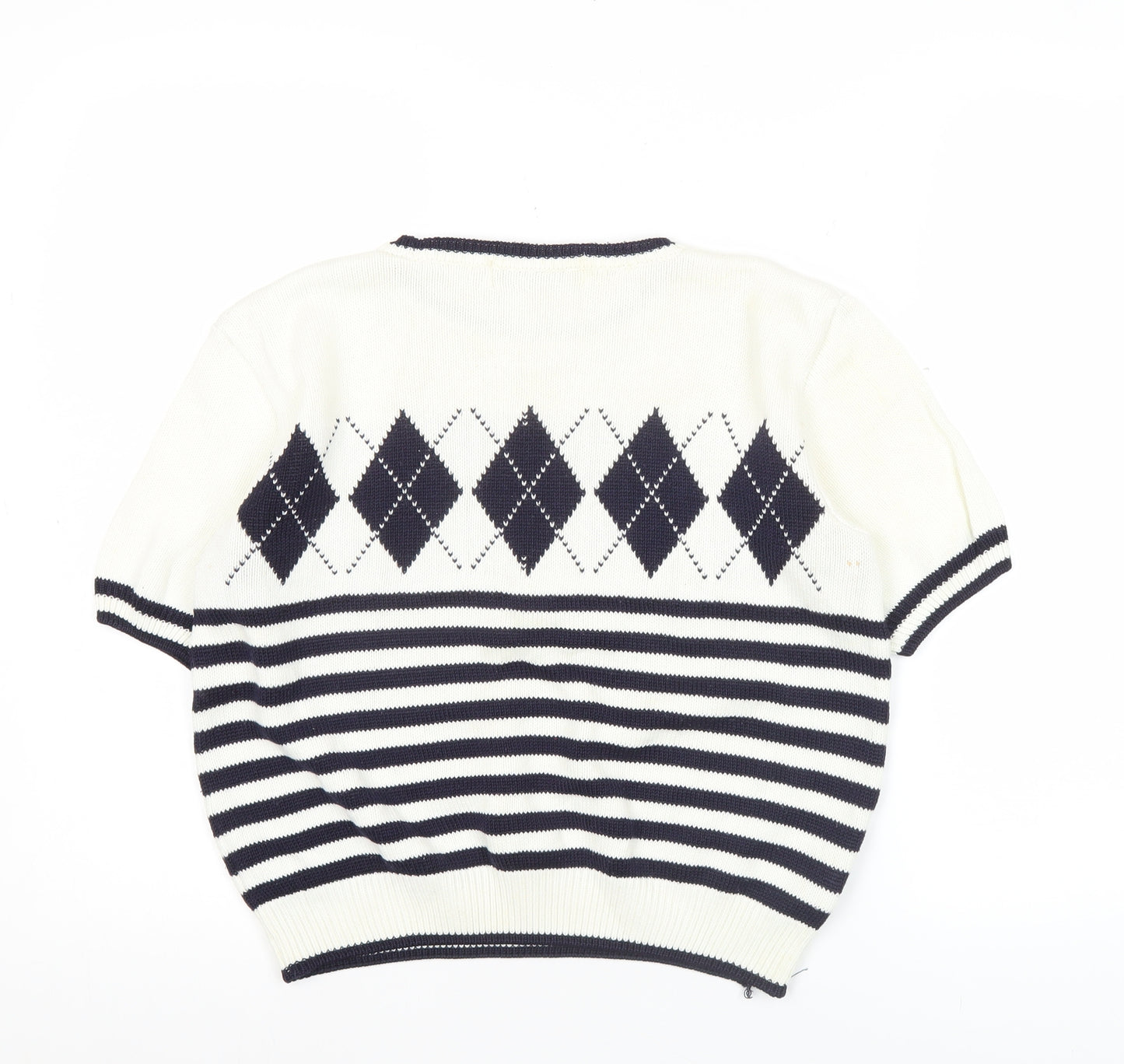 Marks and Spencer Women White Jumper Size 10 Argyle Striped Short Sleeve