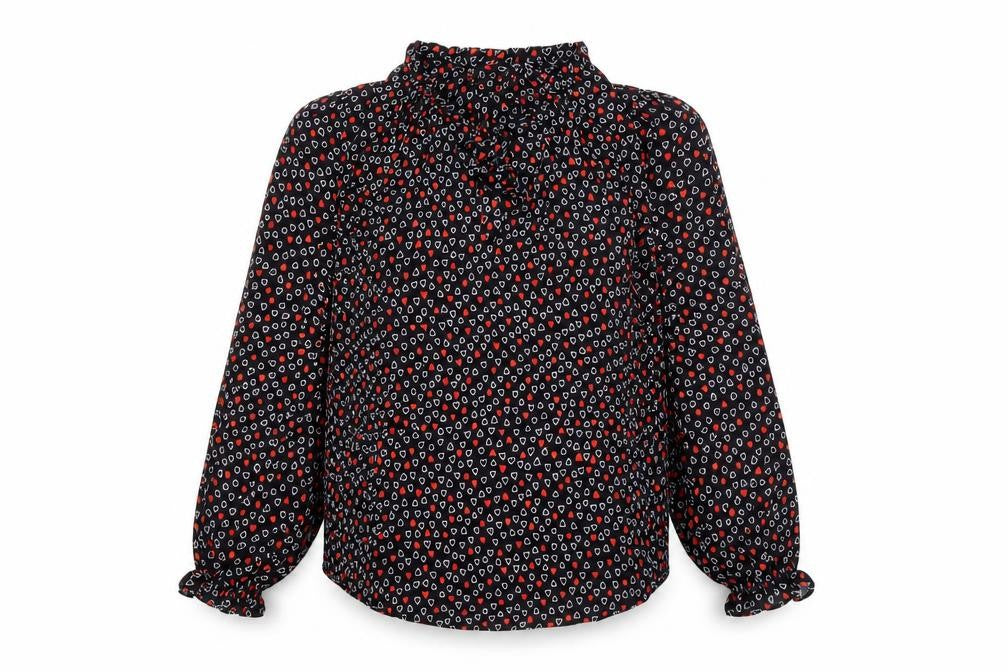 Wallis Women’s Black Heart Print Petite Blouse UK 8 High Neck Long Sleeve