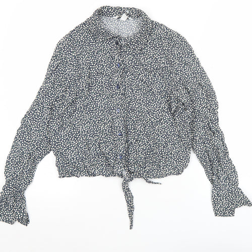 H&M Women’s Blue Floral Cropped Blouse UK 6 Long Sleeve Tie Front