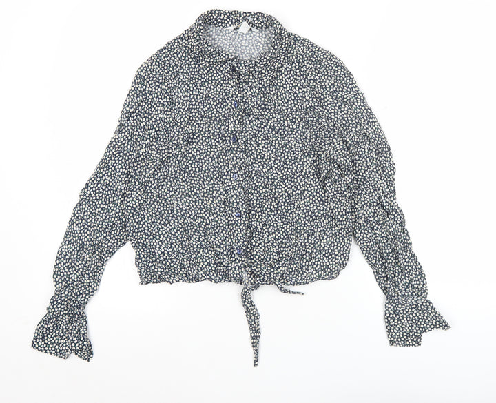 H&M Women’s Blue Floral Cropped Blouse UK 6 Long Sleeve Tie Front