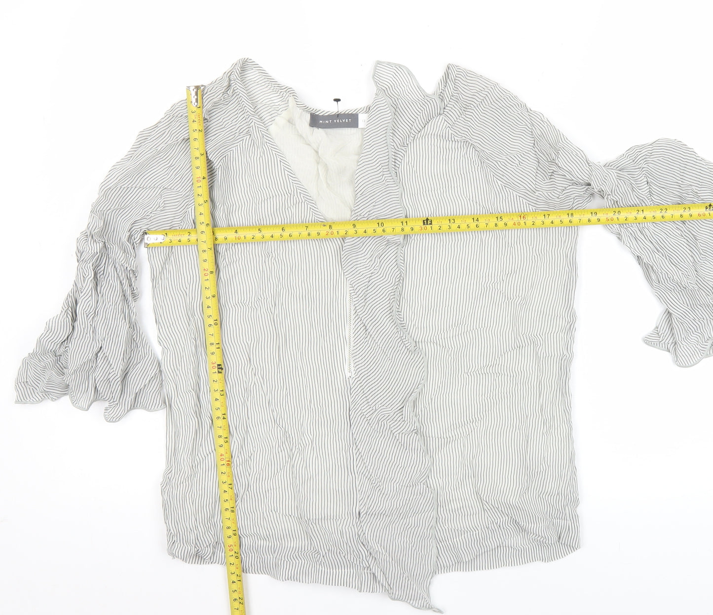 Mint Velvet Womens White Striped Ruffle Blouse Size 12 Viscose
