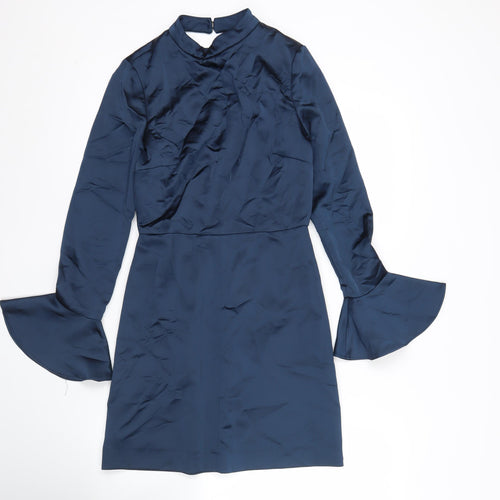 Zara Women’s Blue Satin Sheath Dress XS Long Sleeve High Neck