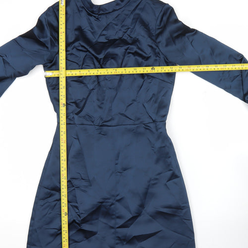 Zara Women’s Blue Satin Sheath Dress XS Long Sleeve High Neck