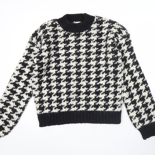 ZARA Women’s Black White Houndstooth Knit Jumper M Crew Neck Pullover