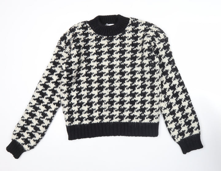 ZARA Women’s Black White Houndstooth Knit Jumper M Crew Neck Pullover