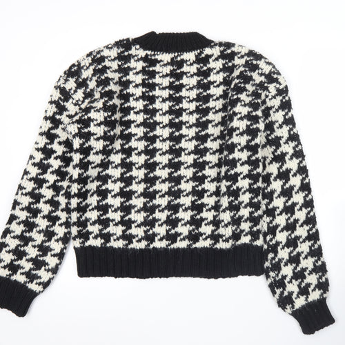 ZARA Women’s Black White Houndstooth Knit Jumper M Crew Neck Pullover