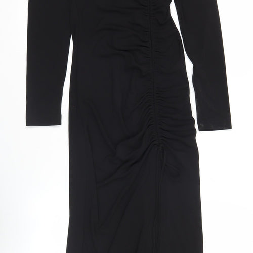 Zara Women Black XS Midi Bodycon Dress Long Sleeve Ruched