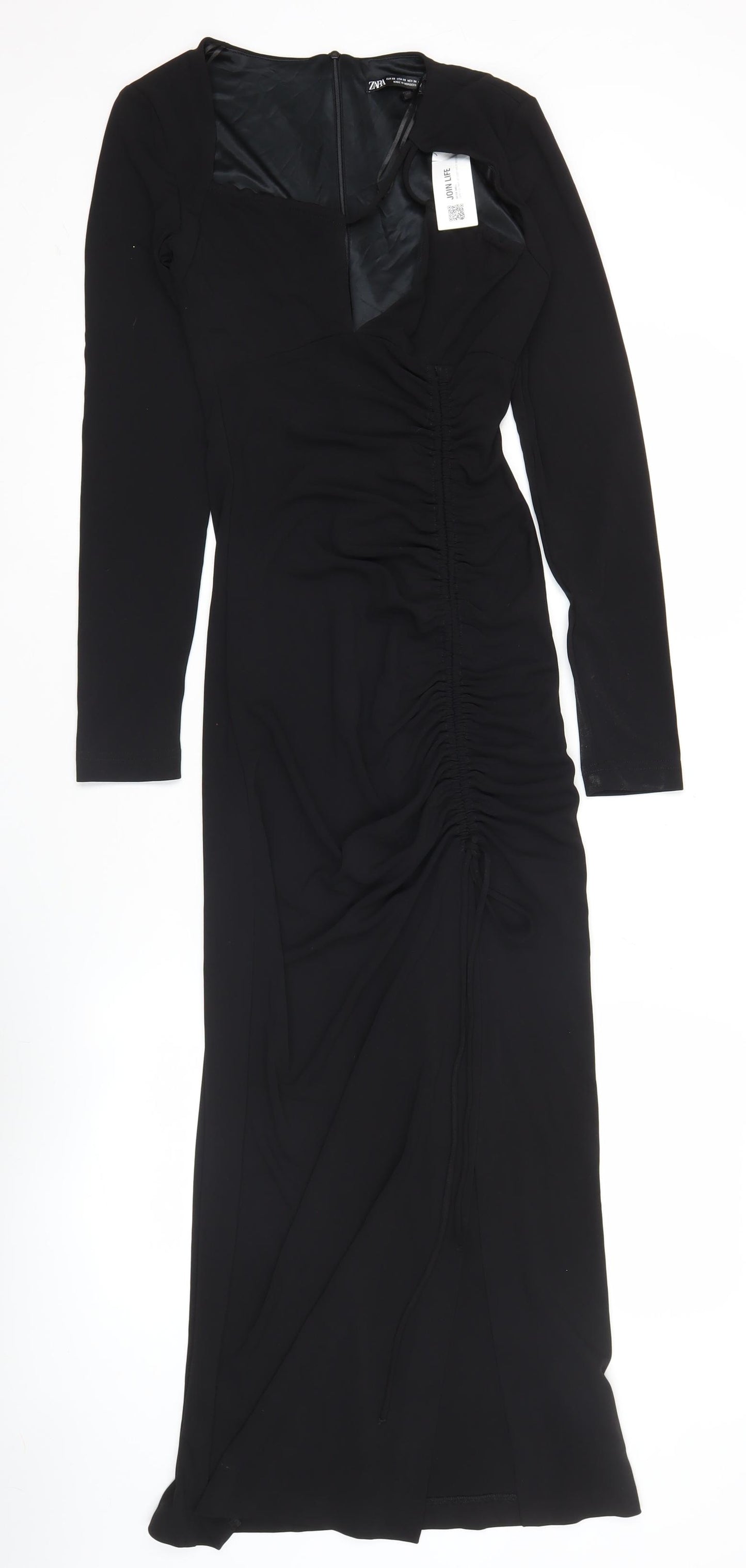 Zara Women Black XS Midi Bodycon Dress Long Sleeve Ruched