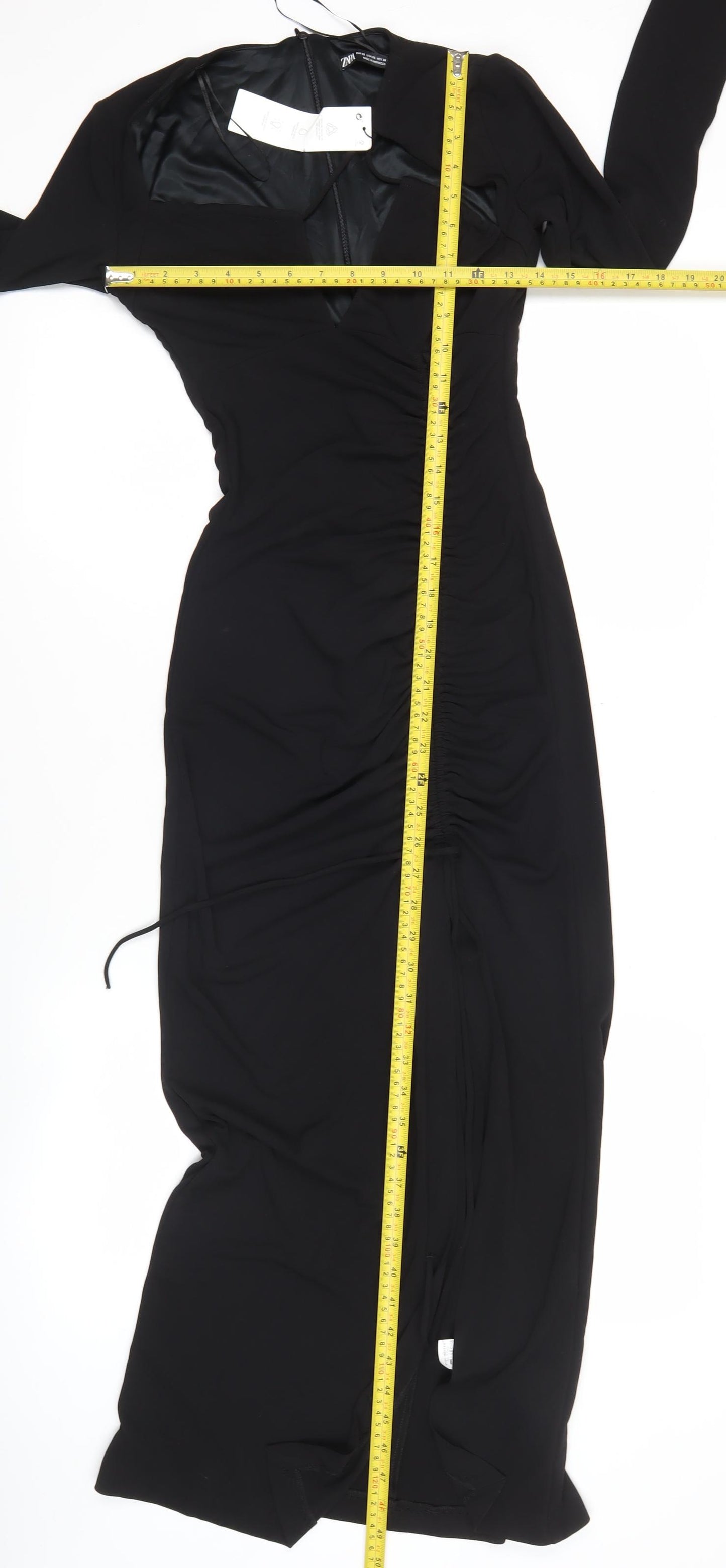 Zara Women Black XS Midi Bodycon Dress Long Sleeve Ruched