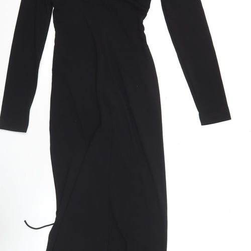 Zara Women Black XS Midi Bodycon Dress Long Sleeve Ruched