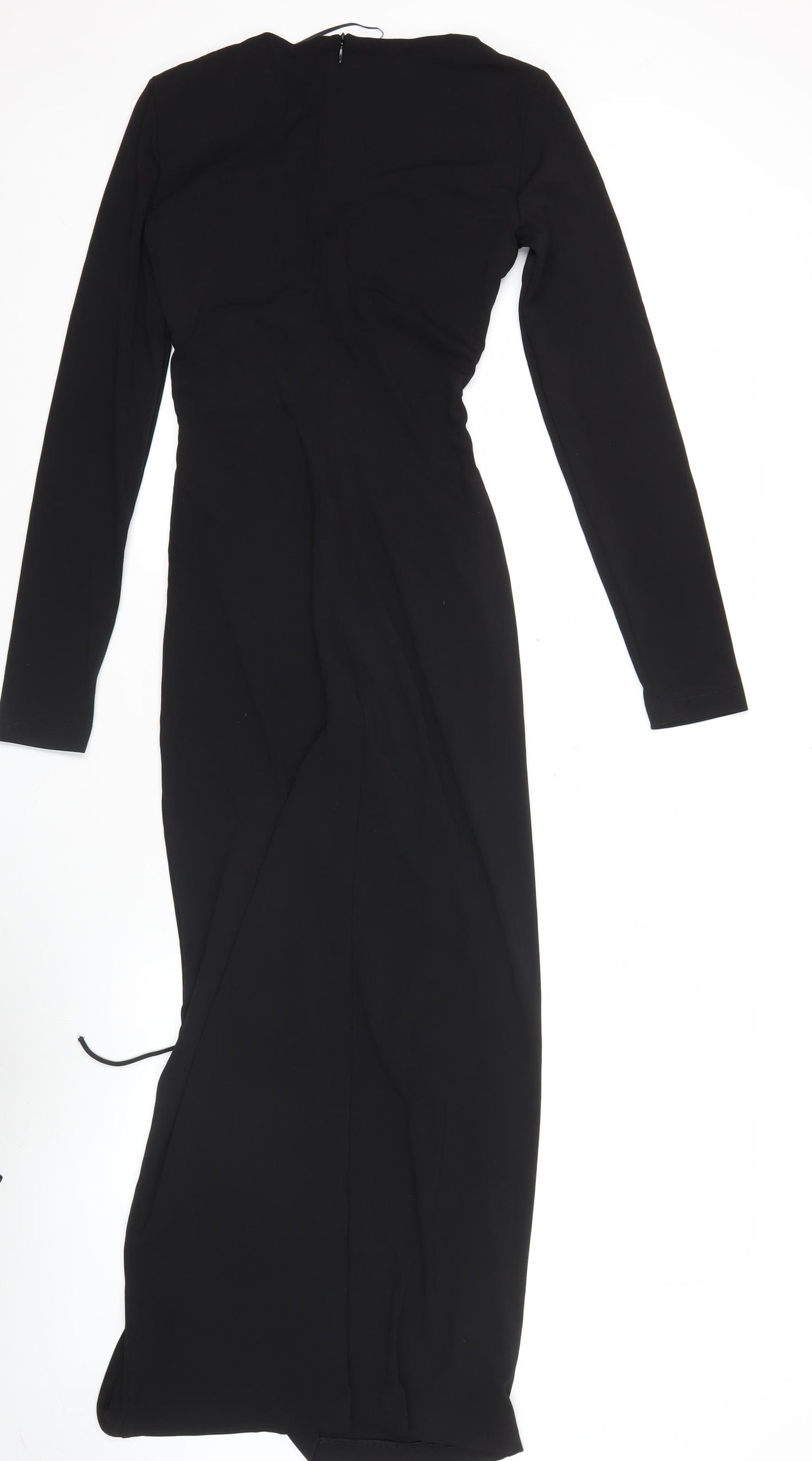 Zara Women Black XS Midi Bodycon Dress Long Sleeve Ruched