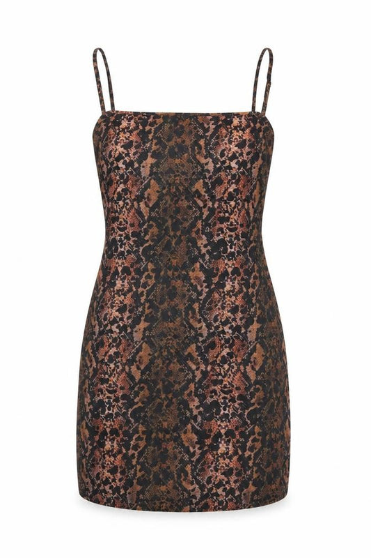 Front view of Collusion Women’s Brown Animal Print Slip Mini Dress, size UK 10