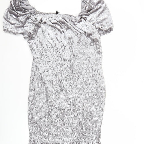 H&M Women Grey Velvet Bodycon Puff Sleeve Short Dress L