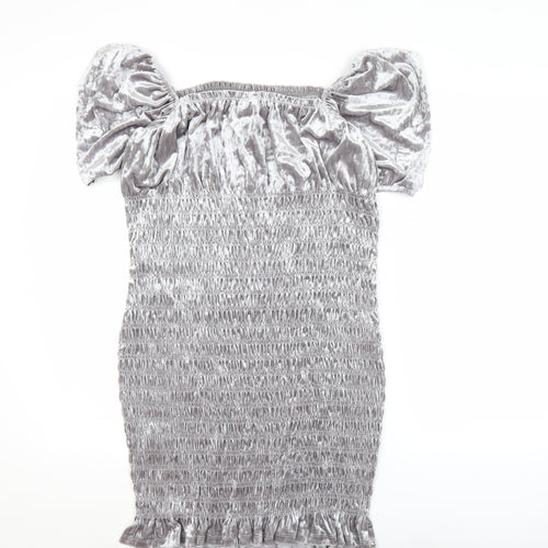 H&M Women Grey Velvet Bodycon Puff Sleeve Short Dress L