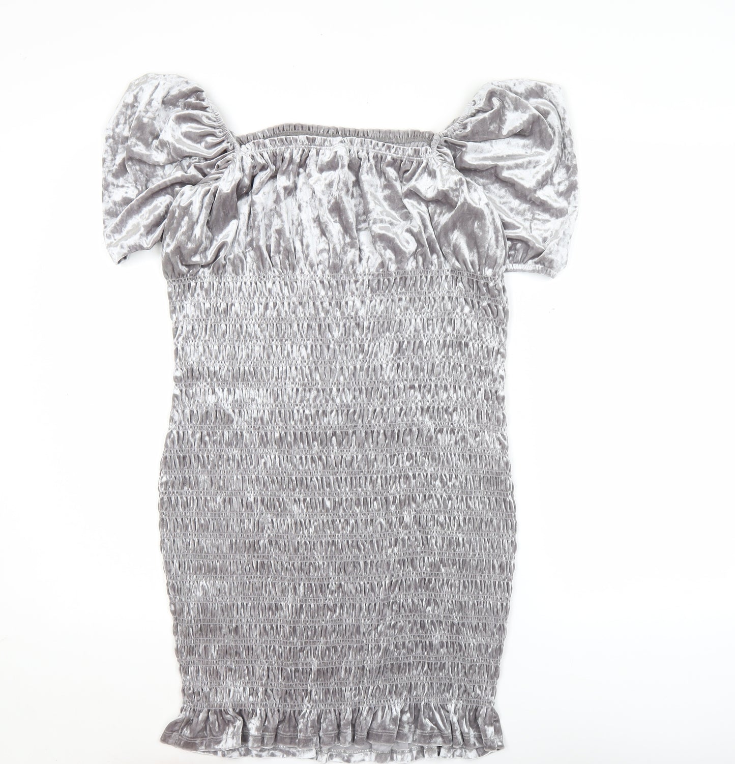 H&M Women Grey Velvet Bodycon Puff Sleeve Short Dress L