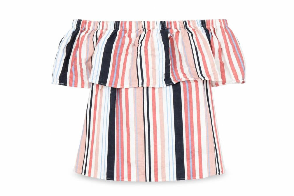 Front view of VILA women’s multicoloured off shoulder striped blouse, size UK 8