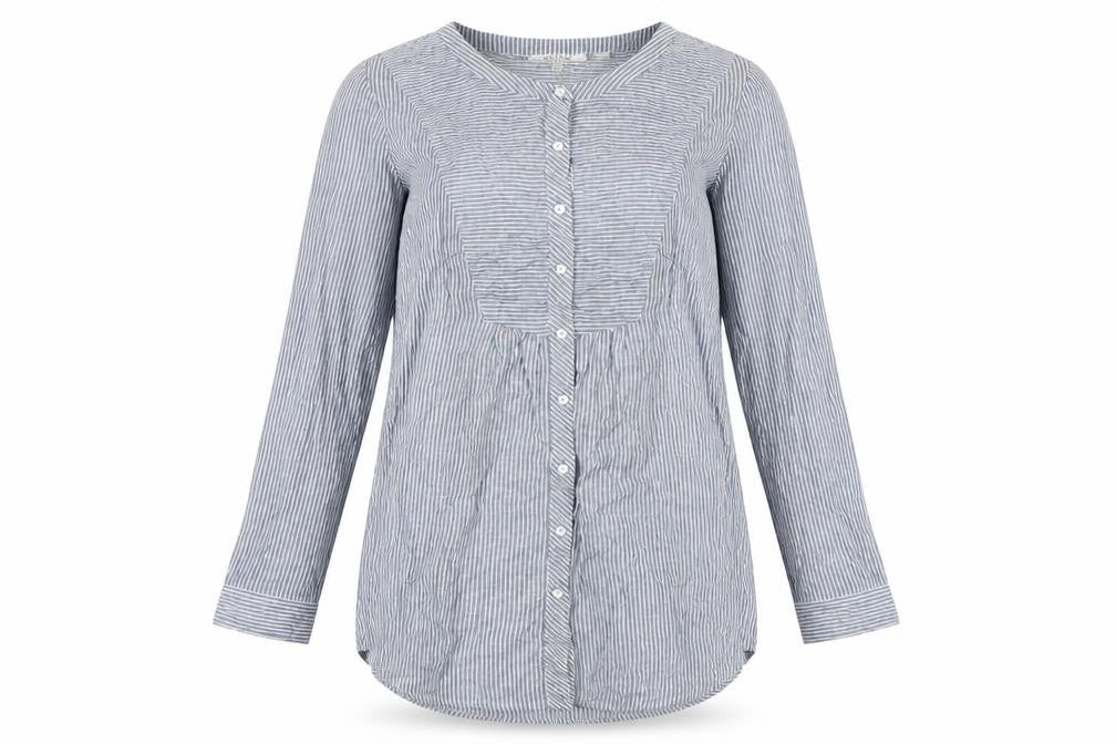 Front view of FatFace women’s blue striped button-up tunic shirt uk 6