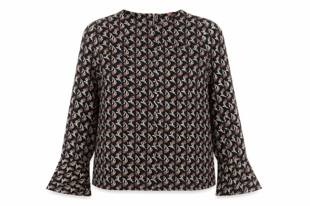 Front view of Next women’s black geometric blouse, size UK 14, long sleeve tunic