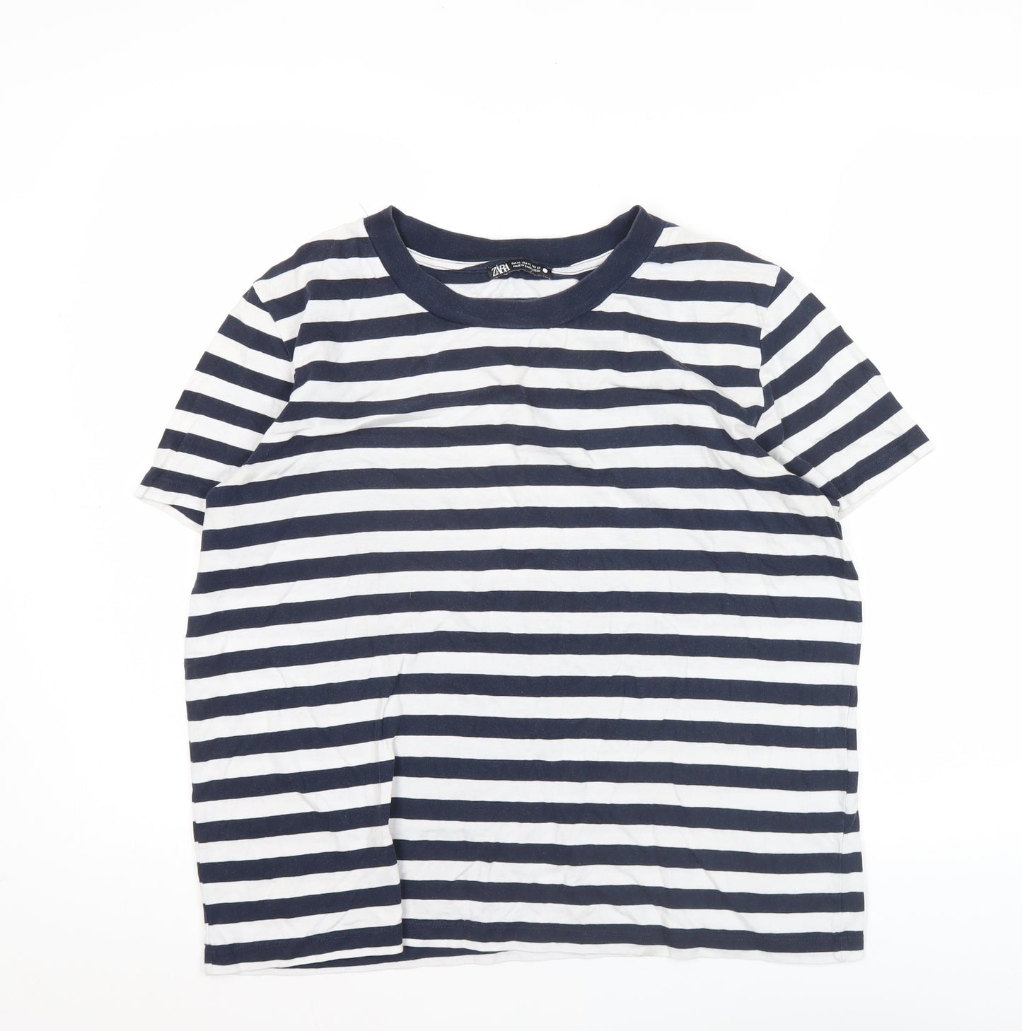 Zara Women Blue White Striped XL Cotton Short Sleeve T-Shirt