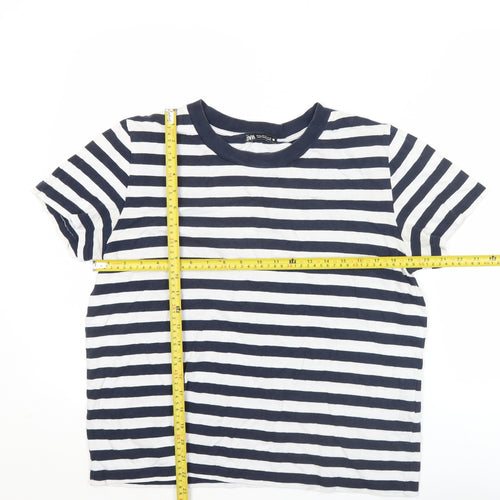 Zara Women Blue White Striped XL Cotton Short Sleeve T-Shirt