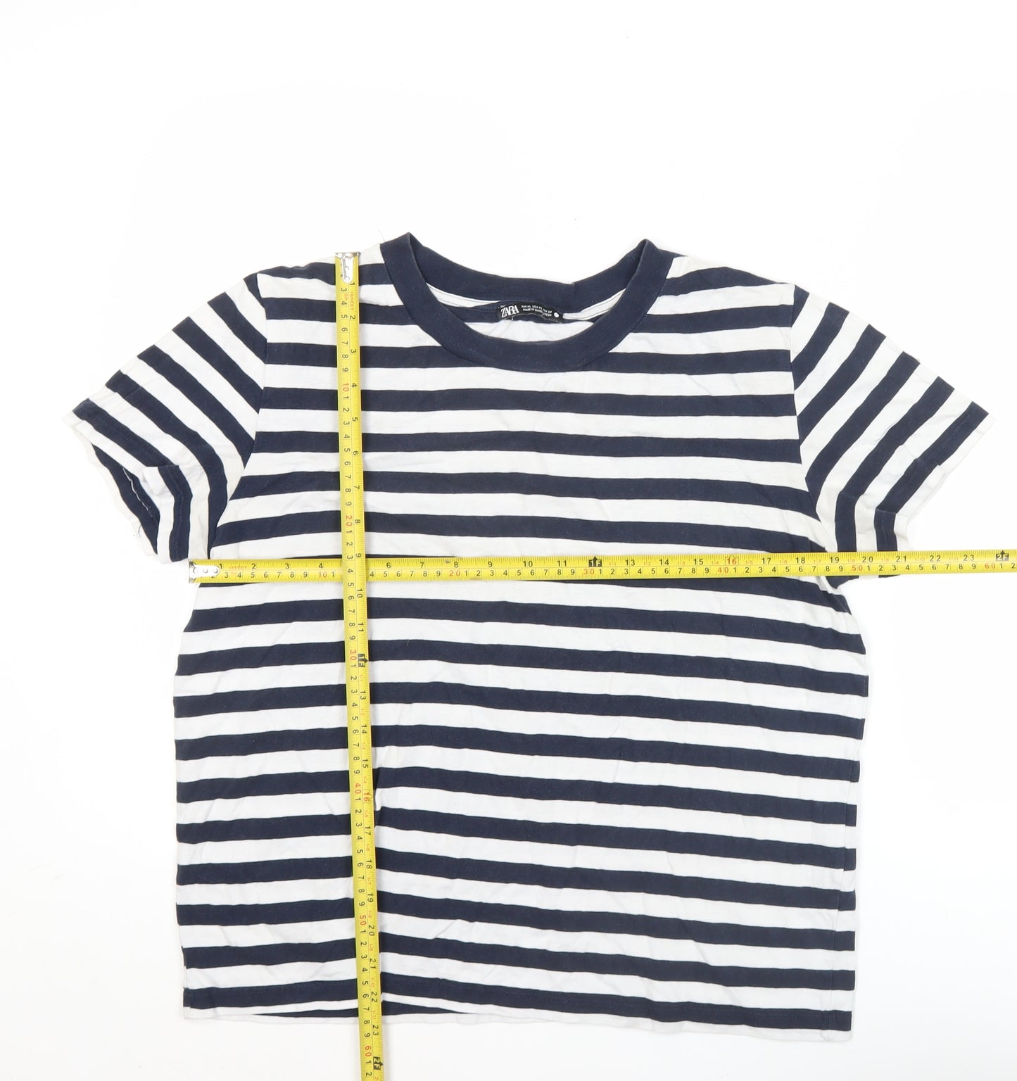 Zara Women Blue White Striped XL Cotton Short Sleeve T-Shirt