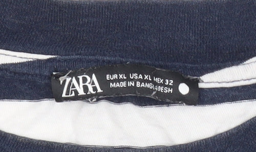 Zara Women Blue White Striped XL Cotton Short Sleeve T-Shirt