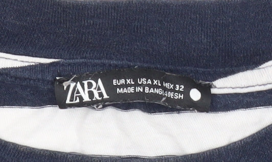 Zara Women Blue White Striped XL Cotton Short Sleeve T-Shirt