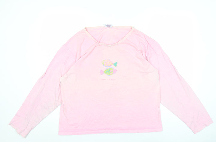 ICanToo Womens Pink Long Sleeve Cotton Beach Graphic T-Shirt L