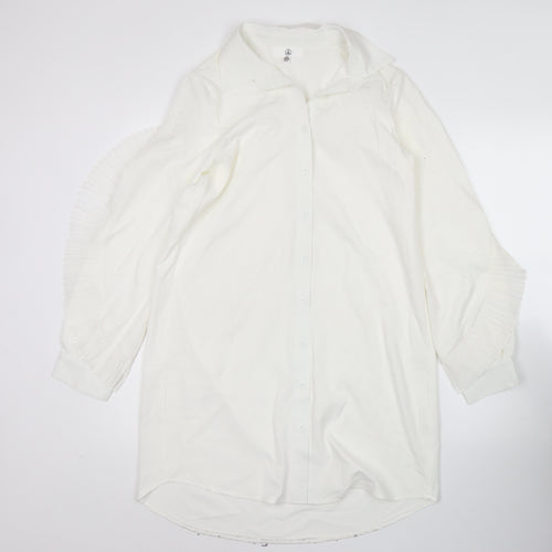 Missguided Women's White Button-Up Tunic Shirt Blouse Size 8 Long Sleeve Ruffle