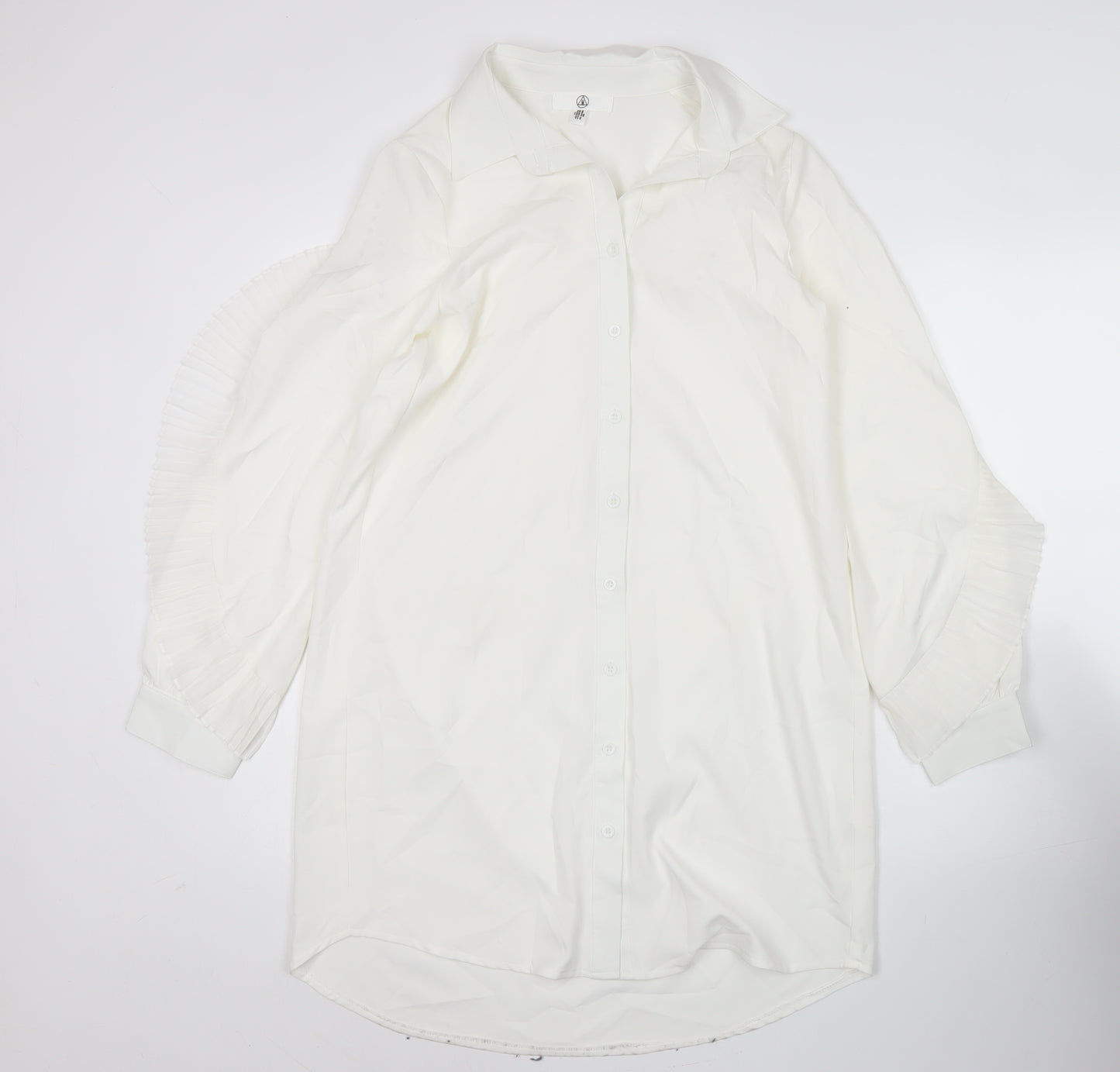 Missguided Women's White Button-Up Tunic Shirt Blouse Size 8 Long Sleeve Ruffle