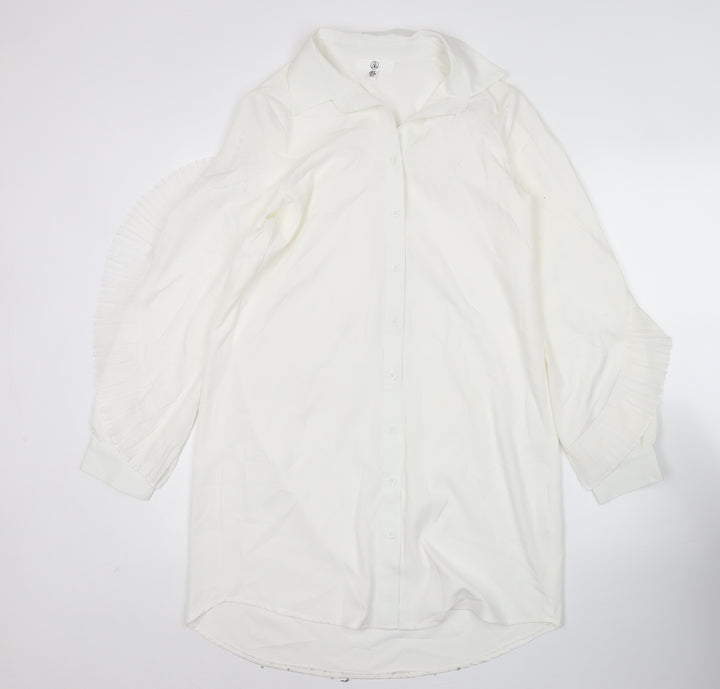 Missguided Women's White Button-Up Tunic Shirt Blouse Size 8 Long Sleeve Ruffle