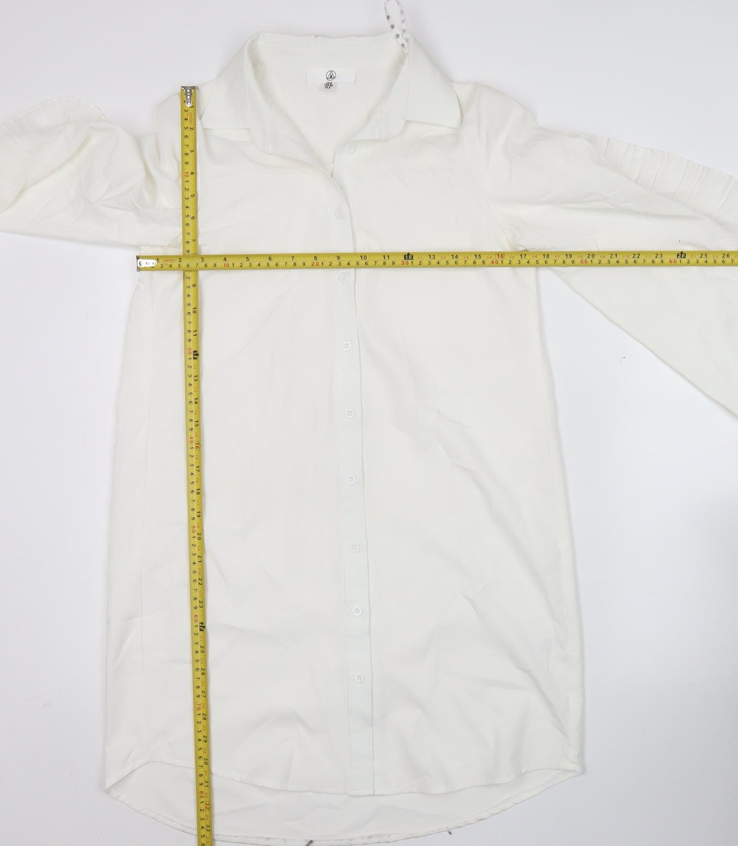 Missguided Women's White Button-Up Tunic Shirt Blouse Size 8 Long Sleeve Ruffle