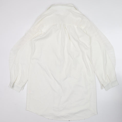 Missguided Women's White Button-Up Tunic Shirt Blouse Size 8 Long Sleeve Ruffle
