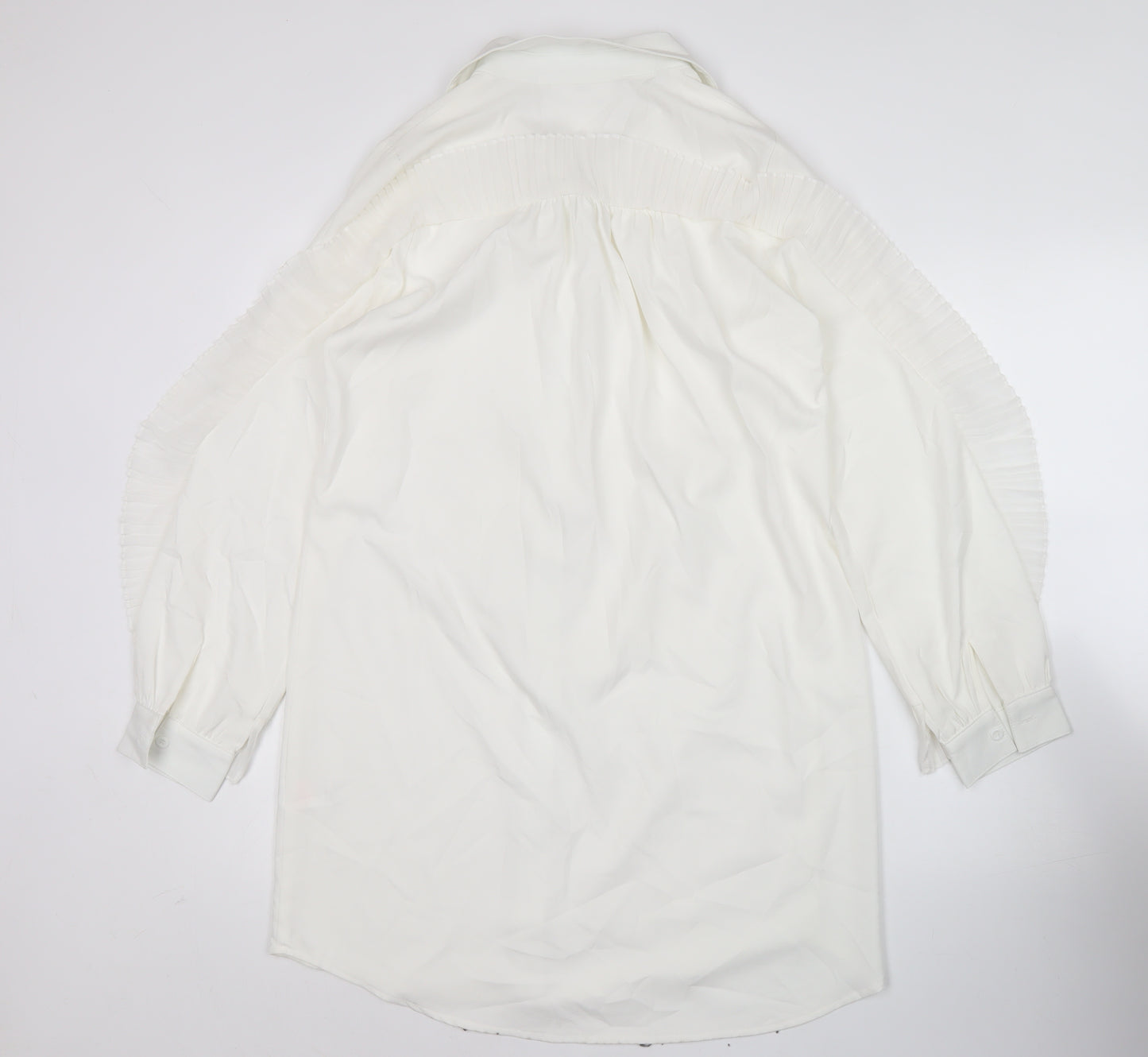 Missguided Women's White Button-Up Tunic Shirt Blouse Size 8 Long Sleeve Ruffle