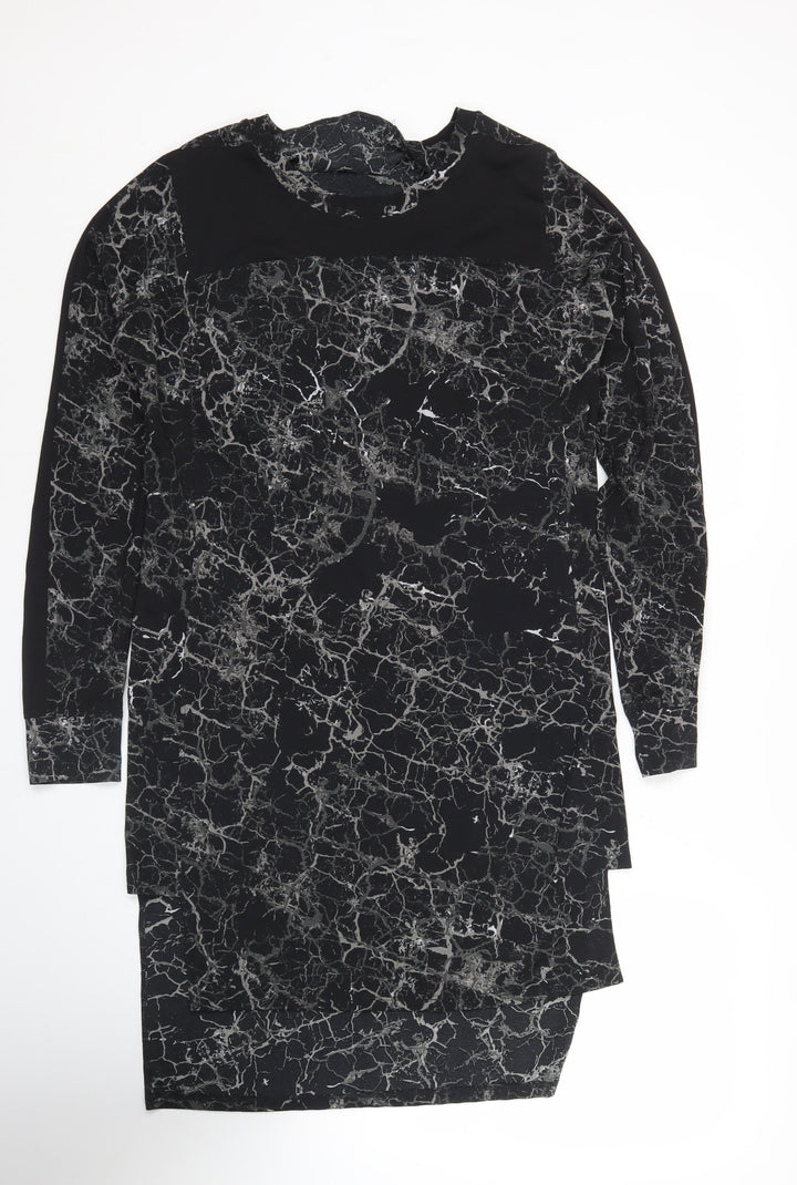 Next Women Black Marble Print Bodycon Dress Size 8 Long Sleeve Knee Length