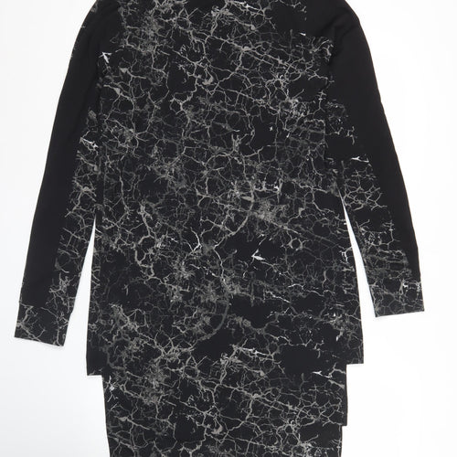 Next Women Black Marble Print Bodycon Dress Size 8 Long Sleeve Knee Length